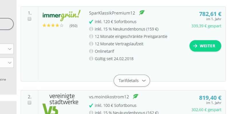 Auswahl des Tarifes im Stromtarifrechner